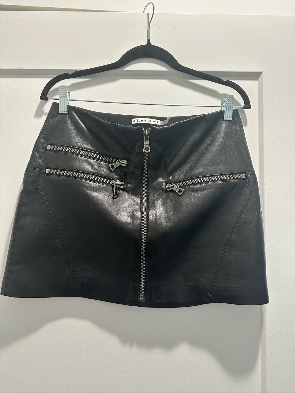 Alice + Olivia Faux Black Leather Front-Zip Mini Skirt